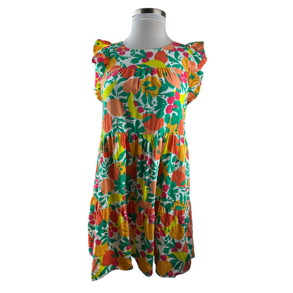 J. Crew Linen Blend Printed Mini Dress A-Line Tiered Floral Fruit Pockets Size 8 - Picture 3 of 16